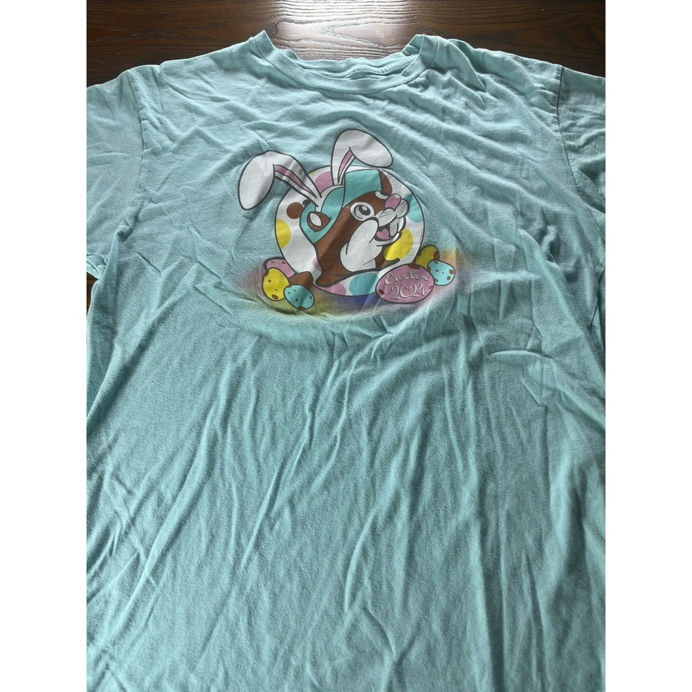 Buc-ees Large Cotton Blue Easter Bunny T-Shirt 2024 Easter Egg Graphic